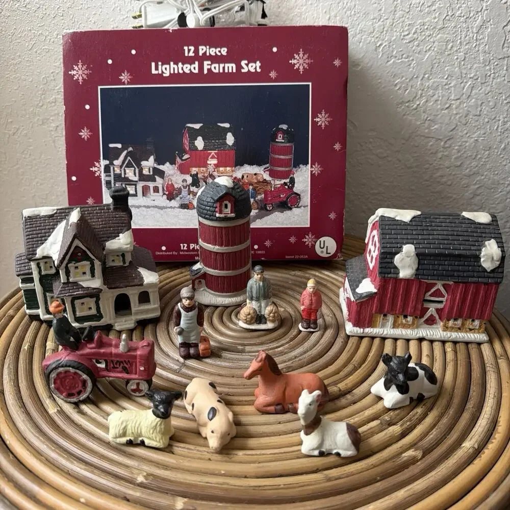 UL 12 Piece Lighted Farm Set Vintage Tractor Cow Sheep Pig Christmas With Box